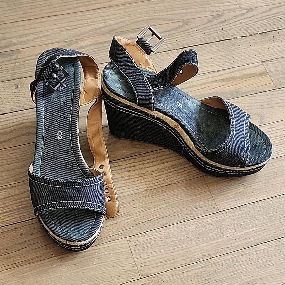 Joe Fresh Womens Dark Denim Wedge Sandals with Ankle Strap  Size 8